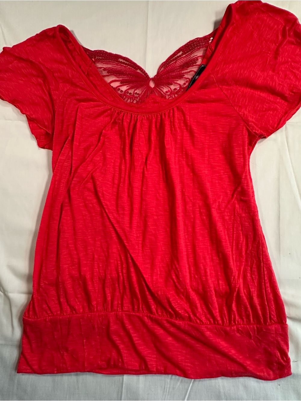 Almost Famous Red Short Sleeve Scoop Neck Top with Lace Back sequence festive